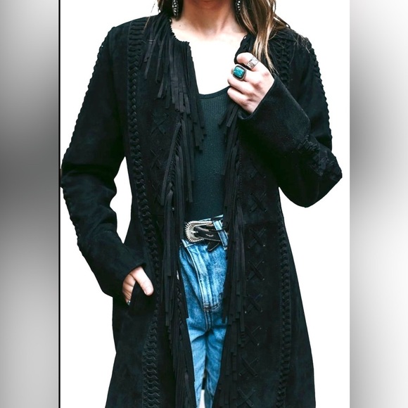 Black Old West Suede Jacket cutout fringe long leather size small - Picture 4 of 6
